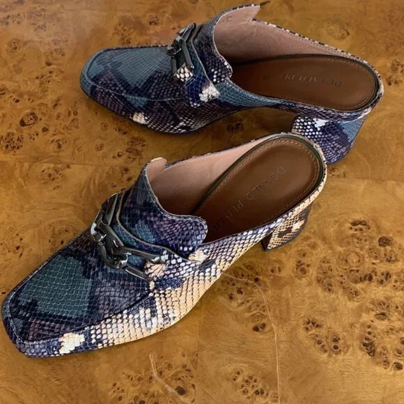 WMN 8.5 Donald Pliner "Caape" Mule Block Heel Leather Loafer blue emboss snake - Picture 4 of 10